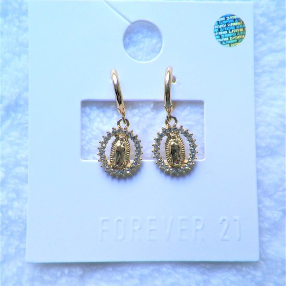SOLD OUT! Forever 21 NWT Our Lady of Guadalupe Gold Drop Hoop Pierced Earrings - Picture 6 of 7